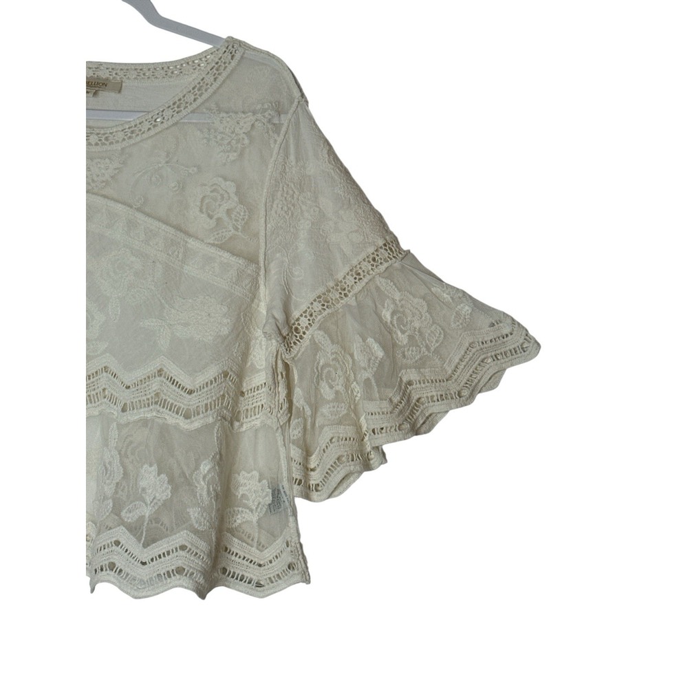 Rebellion Again Top Womens Medium Beige Mesh Floral Embroidered Lace Boho Beach - Picture 7 of 9